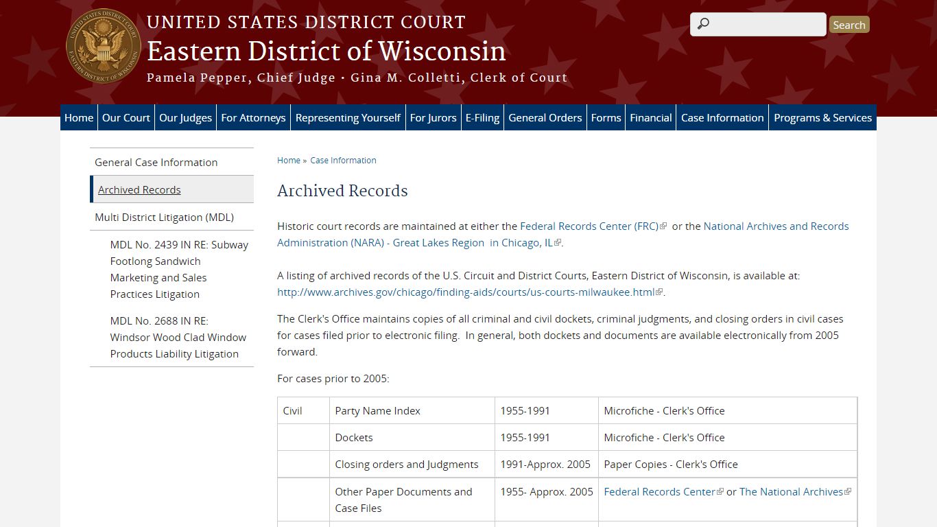 Archived Records | Eastern District of Wisconsin - United States Courts